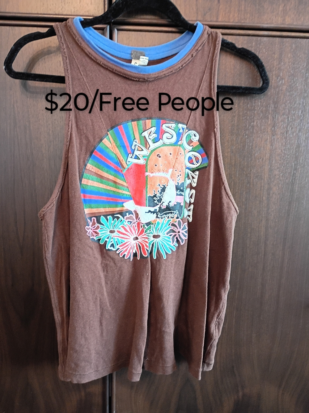 Free People Brown Graphic Tank with Multicolor Surf Print and Blue Trim